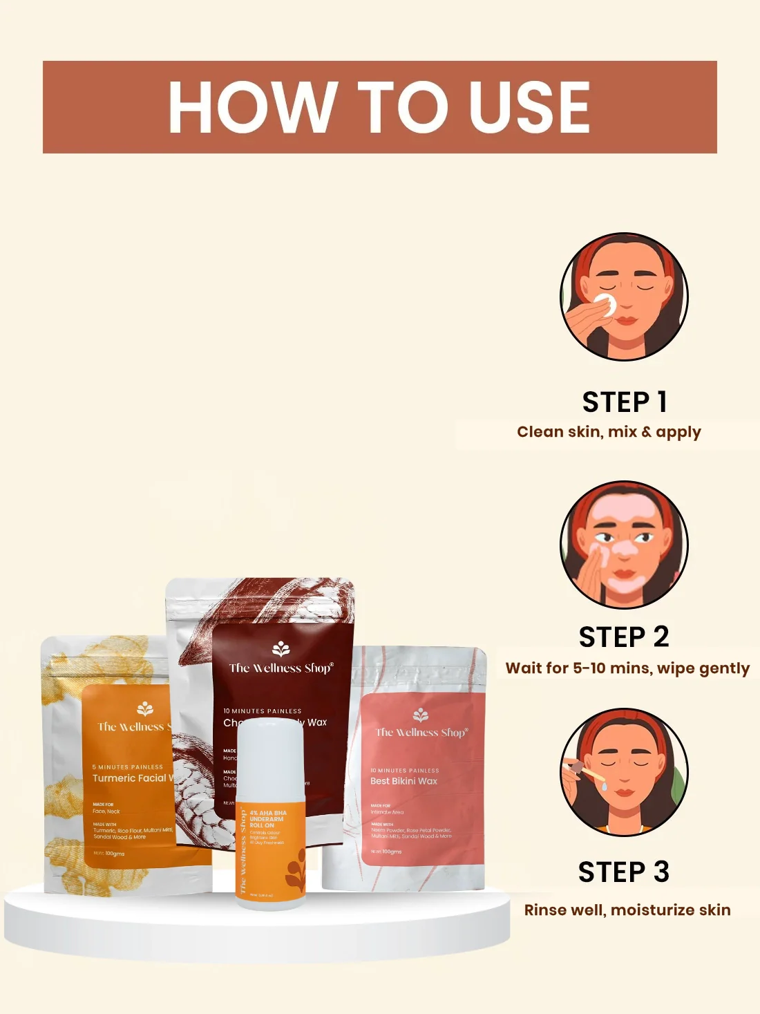 Turmeric Facial Wax+ Bikini Wax Powder+ Chocolate Hair Removal Powder + 4% Aha Bha Underarm Roll On - Image 5